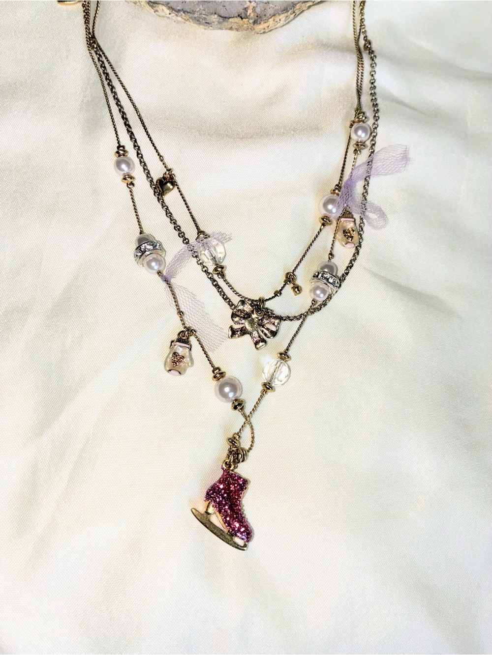Gold-Tone Multi-Strand Necklace with Pink Glitter Ice Skate Charm